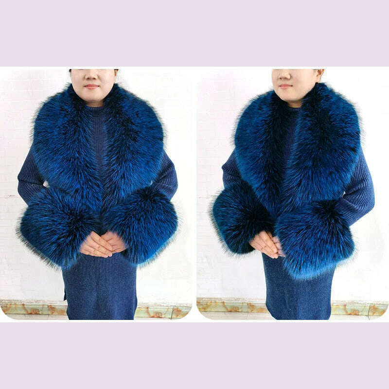 Winter Faux Fur Collar Cuffs Set Women Fluffy Large Shawl Coat Accessories Warm Fashion Fake Fox Fur Scarf Furry Scarves Female - KIMLUD