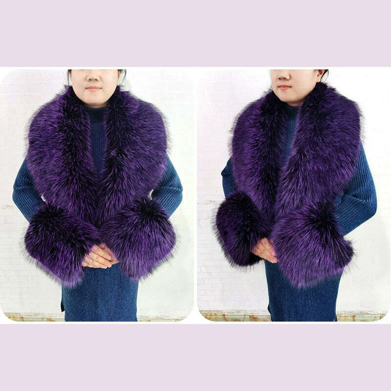 KIMLUD, Winter Faux Fur Collar Cuffs Set Women Fluffy Large Shawl Coat Accessories Warm Fashion Fake Fox Fur Scarf Furry Scarves Female, KIMLUD Womens Clothes