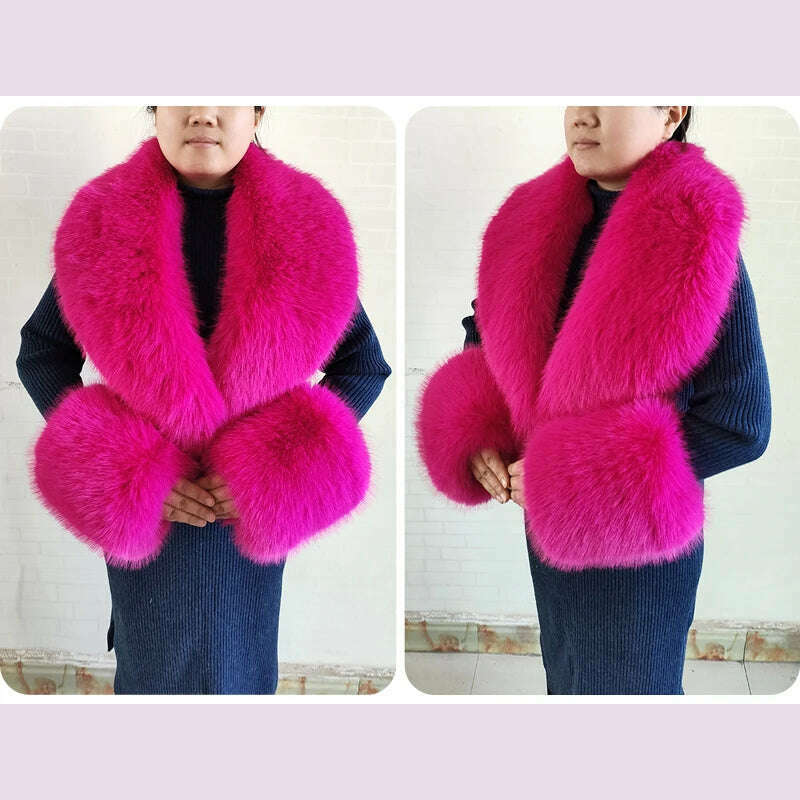 KIMLUD, Winter Faux Fur Collar Cuffs Set Women Fluffy Large Shawl Coat Accessories Warm Fashion Fake Fox Fur Scarf Furry Scarves Female, KIMLUD Womens Clothes