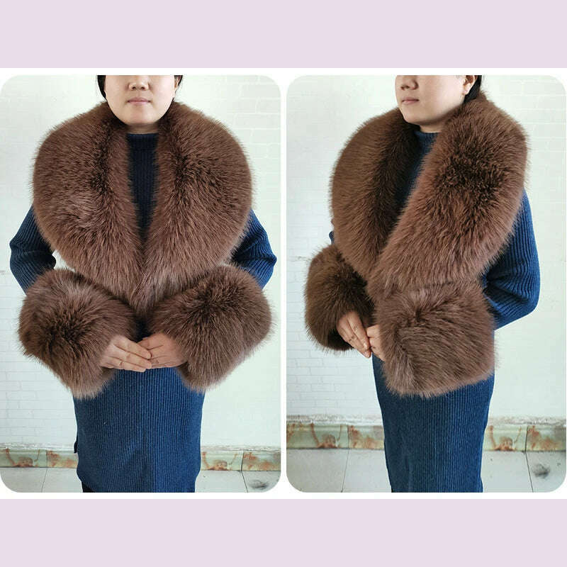 KIMLUD, Winter Faux Fur Collar Cuffs Set Women Fluffy Large Shawl Coat Accessories Warm Fashion Fake Fox Fur Scarf Furry Scarves Female, KIMLUD Womens Clothes