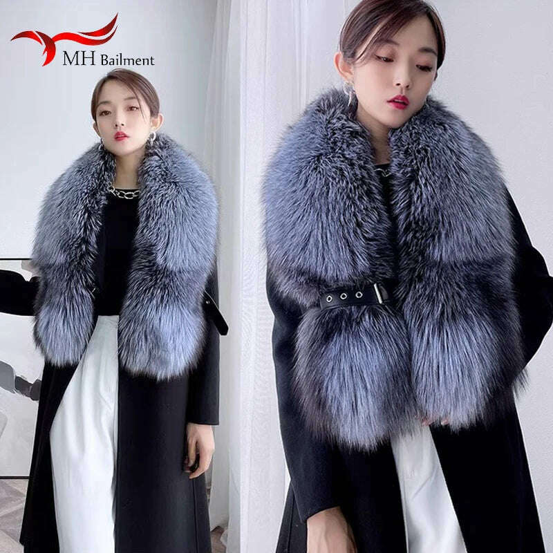 Winter Fox Fur Scarf Long Fur Collar Silver Fox Real Fur Shawl Russian Scarfs For Ladies Neck Luxury Fashion Scarves Womens - KIMLUD