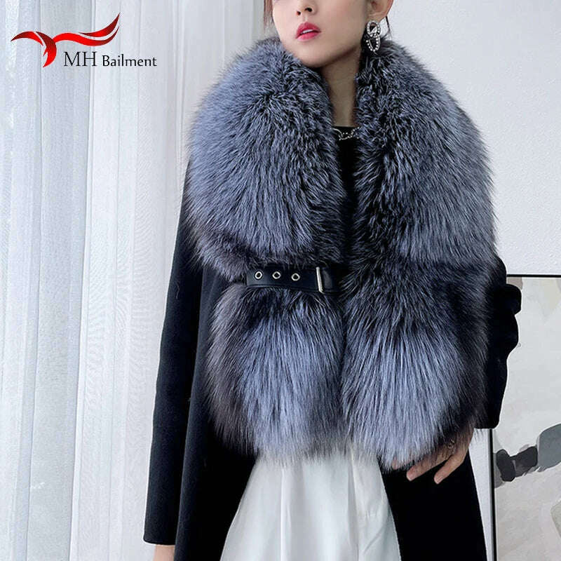 Winter Fox Fur Scarf Long Fur Collar Silver Fox Real Fur Shawl Russian Scarfs For Ladies Neck Luxury Fashion Scarves Womens - KIMLUD