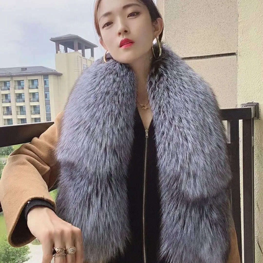 Winter Fox Fur Scarf Long Fur Collar Silver Fox Real Fur Shawl Russian Scarfs For Ladies Neck Luxury Fashion Scarves Womens - KIMLUD