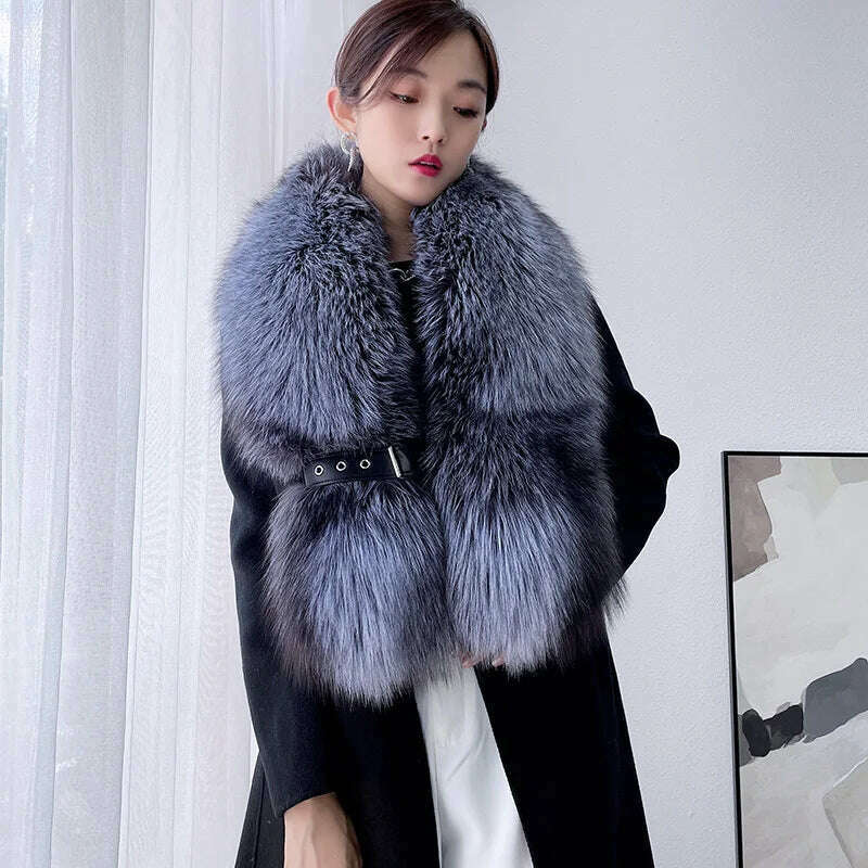 Winter Fox Fur Scarf Long Fur Collar Silver Fox Real Fur Shawl Russian Scarfs For Ladies Neck Luxury Fashion Scarves Womens - KIMLUD