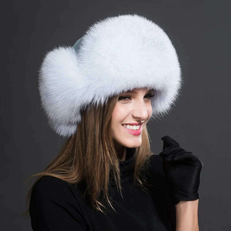 KIMLUD, Winter Fur Hat Real Raccoon Fur Hat Natural Fur Bomber Hat With Ear Flaps For Women Skiing Hat Outdoor Earflap Hat Thick Fur Hat, Natural Fox, KIMLUD APPAREL - Womens Clothes