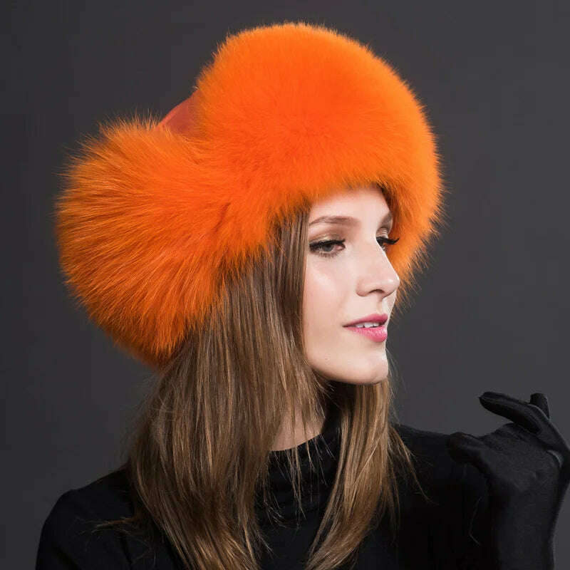 KIMLUD, Winter Fur Hat Real Raccoon Fur Hat Natural Fur Bomber Hat With Ear Flaps For Women Skiing Hat Outdoor Earflap Hat Thick Fur Hat, Orange, KIMLUD APPAREL - Womens Clothes