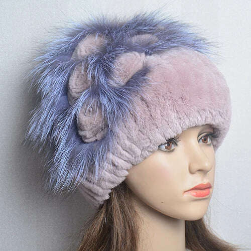 KIMLUD, Winter Fur Hat Women Natural Rex Rabbit Fur Hats Elastic Knitted Hat Cap Floral Design Winter Accessories Bonnets Fur Wholesale, beige pink / Elastic(54-60cm), KIMLUD APPAREL - Womens Clothes