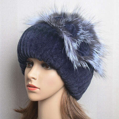 KIMLUD, Winter Fur Hat Women Natural Rex Rabbit Fur Hats Elastic Knitted Hat Cap Floral Design Winter Accessories Bonnets Fur Wholesale, dark blue / Elastic(54-60cm), KIMLUD APPAREL - Womens Clothes