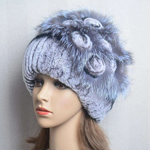 KIMLUD, Winter Fur Hat Women Natural Rex Rabbit Fur Hats Elastic Knitted Hat Cap Floral Design Winter Accessories Bonnets Fur Wholesale, grey black / Elastic(54-60cm), KIMLUD APPAREL - Womens Clothes