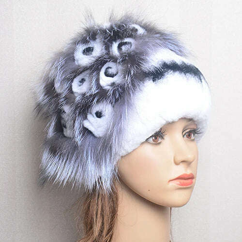 KIMLUD, Winter Fur Hat Women Natural Rex Rabbit Fur Hats Elastic Knitted Hat Cap Floral Design Winter Accessories Bonnets Fur Wholesale, white black / Elastic(54-60cm), KIMLUD APPAREL - Womens Clothes