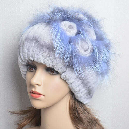 KIMLUD, Winter Fur Hat Women Natural Rex Rabbit Fur Hats Elastic Knitted Hat Cap Floral Design Winter Accessories Bonnets Fur Wholesale, light grey / Elastic(54-60cm), KIMLUD APPAREL - Womens Clothes