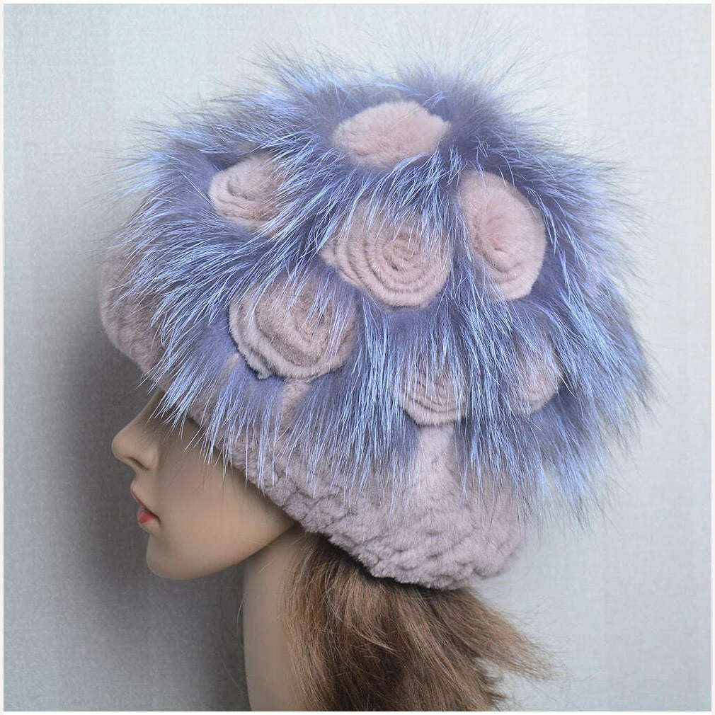 KIMLUD, Winter Fur Hat Women Natural Rex Rabbit Fur Hats Elastic Knitted Hat Cap Floral Design Winter Accessories Bonnets Fur Wholesale, KIMLUD Womens Clothes