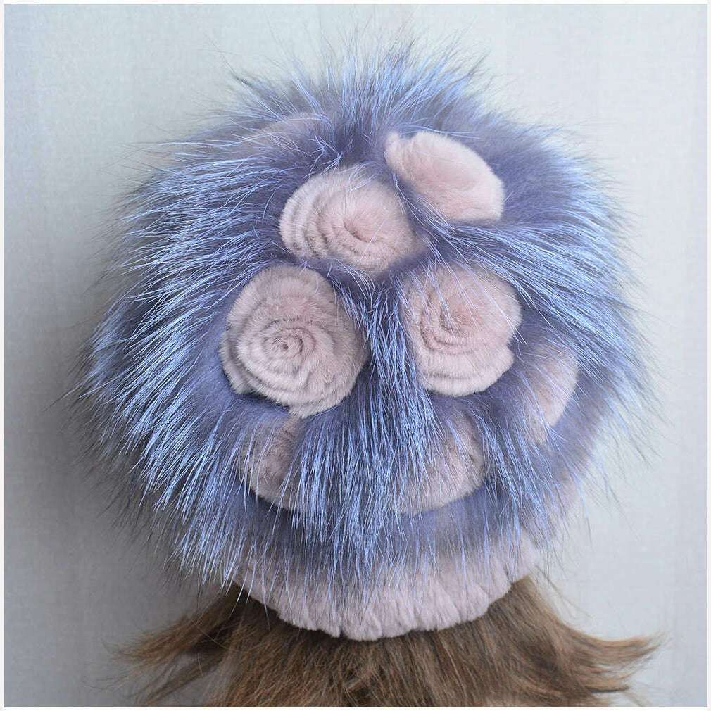 KIMLUD, Winter Fur Hat Women Natural Rex Rabbit Fur Hats Elastic Knitted Hat Cap Floral Design Winter Accessories Bonnets Fur Wholesale, KIMLUD Womens Clothes