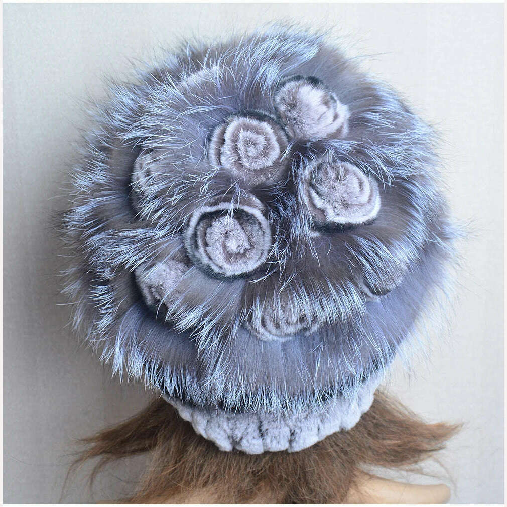 KIMLUD, Winter Fur Hat Women Natural Rex Rabbit Fur Hats Elastic Knitted Hat Cap Floral Design Winter Accessories Bonnets Fur Wholesale, KIMLUD Womens Clothes