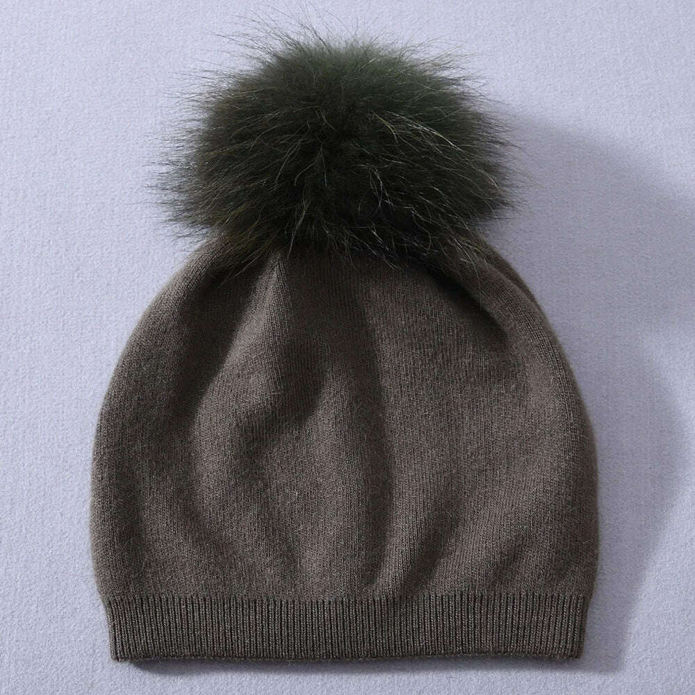 KIMLUD, Winter Hat Beanie Plain Knitted Autumn Winter Warm Cashmere Soft Slouchy Skull Caps Beanies Men Women Street Hats, Army green match fur, KIMLUD APPAREL - Womens Clothes