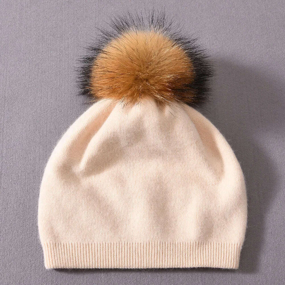 KIMLUD, Winter Hat Beanie Plain Knitted Autumn Winter Warm Cashmere Soft Slouchy Skull Caps Beanies Men Women Street Hats, Beige-natural pom, KIMLUD APPAREL - Womens Clothes