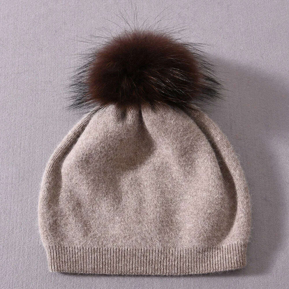 KIMLUD, Winter Hat Beanie Plain Knitted Autumn Winter Warm Cashmere Soft Slouchy Skull Caps Beanies Men Women Street Hats, Brown-match pom, KIMLUD APPAREL - Womens Clothes