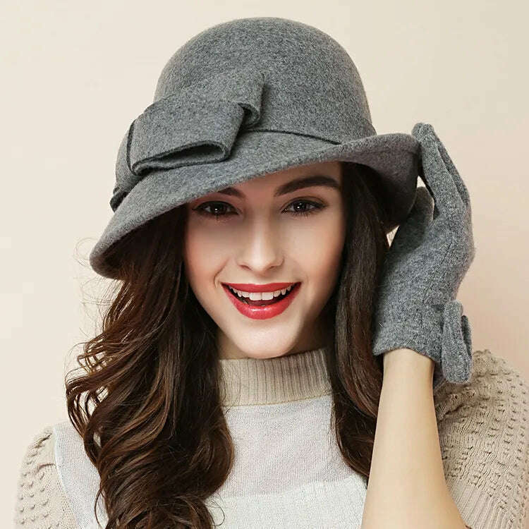 KIMLUD, Winter Hat for Women 1920s Gatsby Style Flower Warm Wool Fedora Winter Cap Ladies Church Hats Cloche Bonnet Femme Felt Fedoras, KIMLUD Womens Clothes