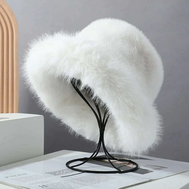 KIMLUD, Winter Hat for Women Faux Fur Fluffy Bucket Hat for Women Luxury Plush Hat Thicken Snow Oversized Fur Bucket Hat Soft Panama Cap, color5 / 54-59cm, KIMLUD APPAREL - Womens Clothes