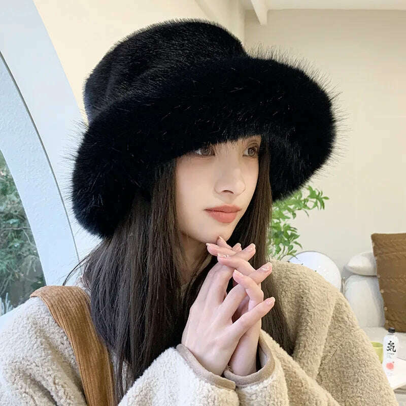 KIMLUD, Winter Hat for Women Faux Fur Fluffy Bucket Hat for Women Luxury Plush Hat Thicken Snow Oversized Fur Bucket Hat Soft Panama Cap, KIMLUD Womens Clothes