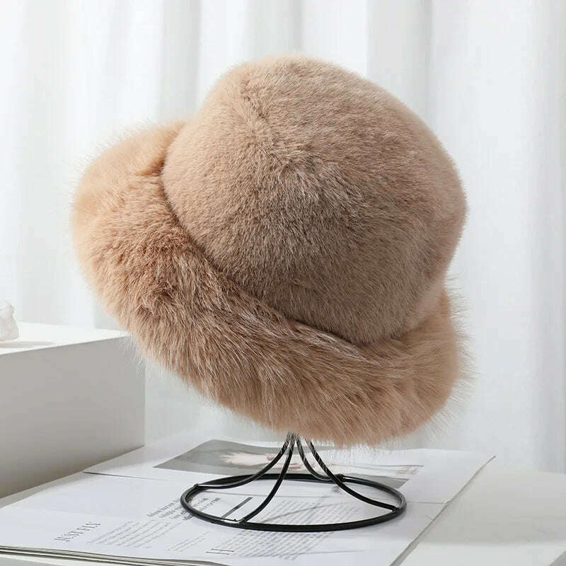 KIMLUD, Winter Hat for Women Faux Fur Fluffy Bucket Hat for Women Luxury Plush Hat Thicken Snow Oversized Fur Bucket Hat Soft Panama Cap, color4 / 54-59cm, KIMLUD APPAREL - Womens Clothes