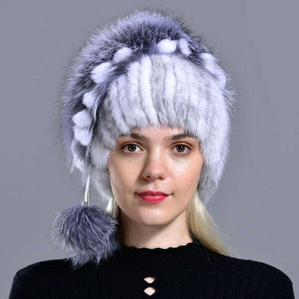 KIMLUD, winter hat mink women knitted fox fur pompom warm cap floral fashionable fluffy elegant female genuine natural fur hats caps, shizi, KIMLUD APPAREL - Womens Clothes