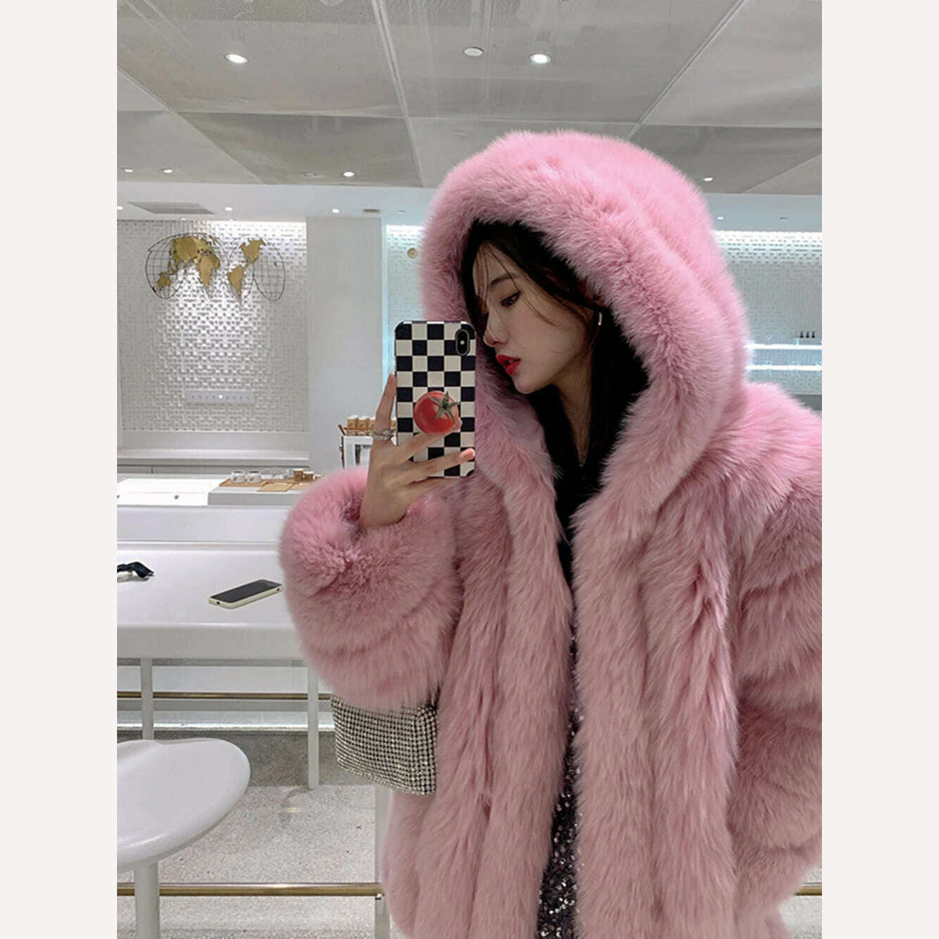 KIMLUD, Winter Hooded Fox Fur Long Coat For Women Luxury White Real Fur Coat With Hood Plus Size Jacket With Natural Fur Female, KIMLUD Womens Clothes