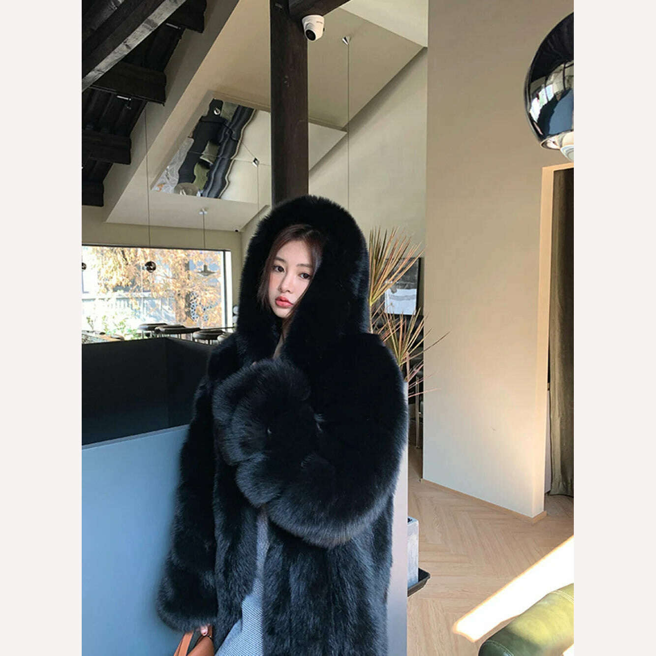 KIMLUD, Winter Hooded Fox Fur Long Coat For Women Luxury White Real Fur Coat With Hood Plus Size Jacket With Natural Fur Female, KIMLUD Womens Clothes