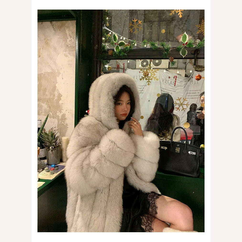 KIMLUD, Winter Hooded Fox Fur Long Coat For Women Luxury White Real Fur Coat With Hood Plus Size Jacket With Natural Fur Female, WHITE / S, KIMLUD APPAREL - Womens Clothes