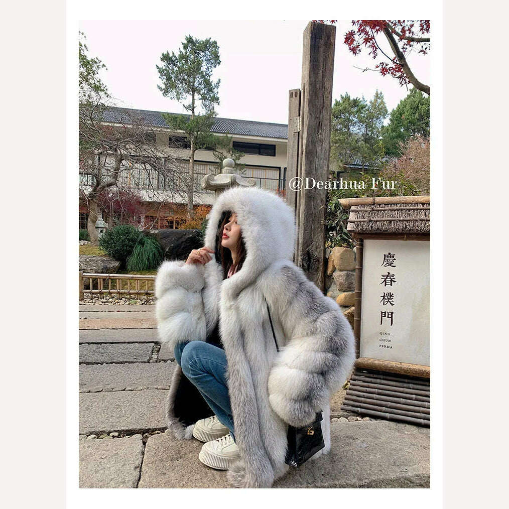 KIMLUD, Winter Hooded Fox Fur Long Coat For Women Luxury White Real Fur Coat With Hood Plus Size Jacket With Natural Fur Female, KIMLUD Womens Clothes