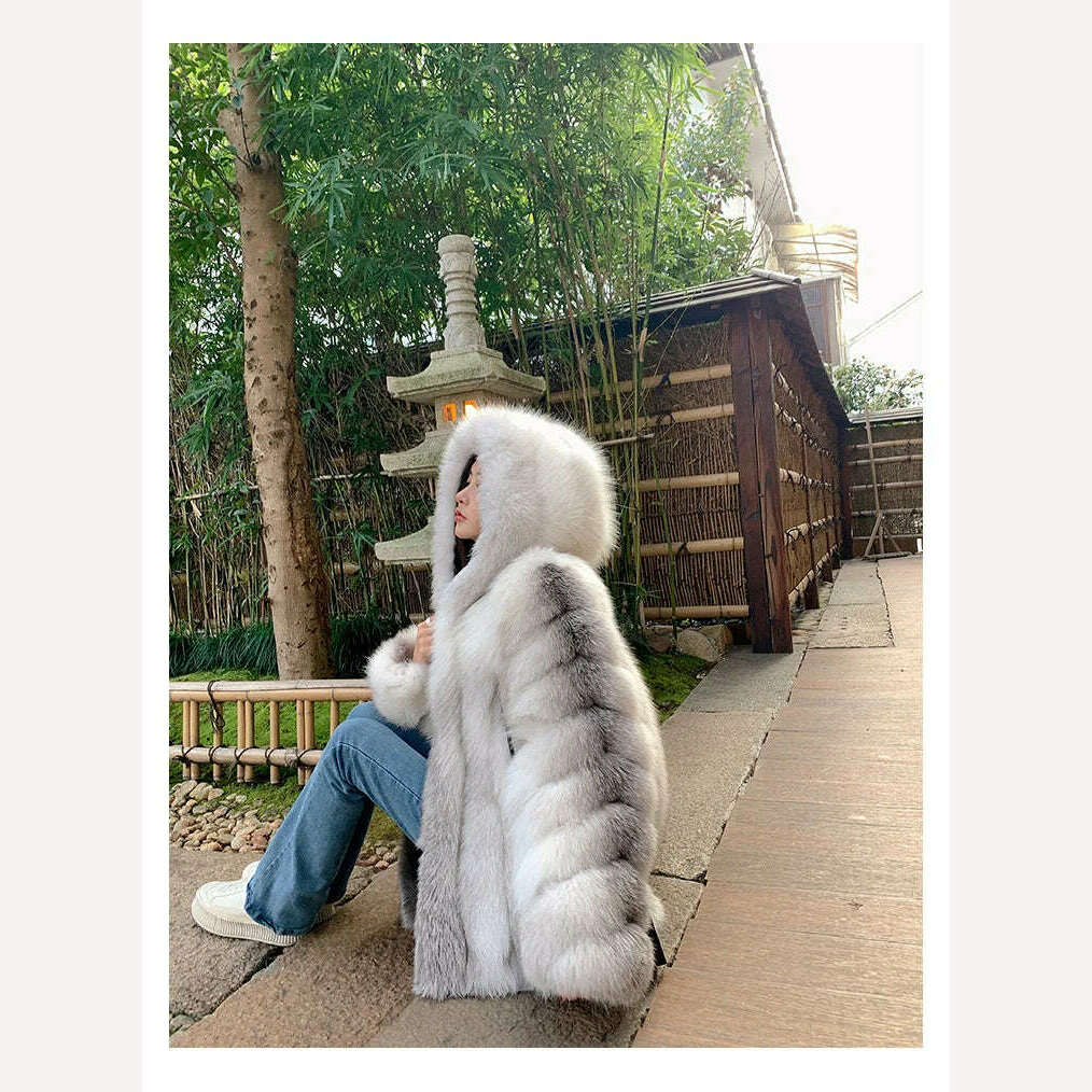 KIMLUD, Winter Hooded Fox Fur Long Coat For Women Luxury White Real Fur Coat With Hood Plus Size Jacket With Natural Fur Female, KIMLUD Womens Clothes