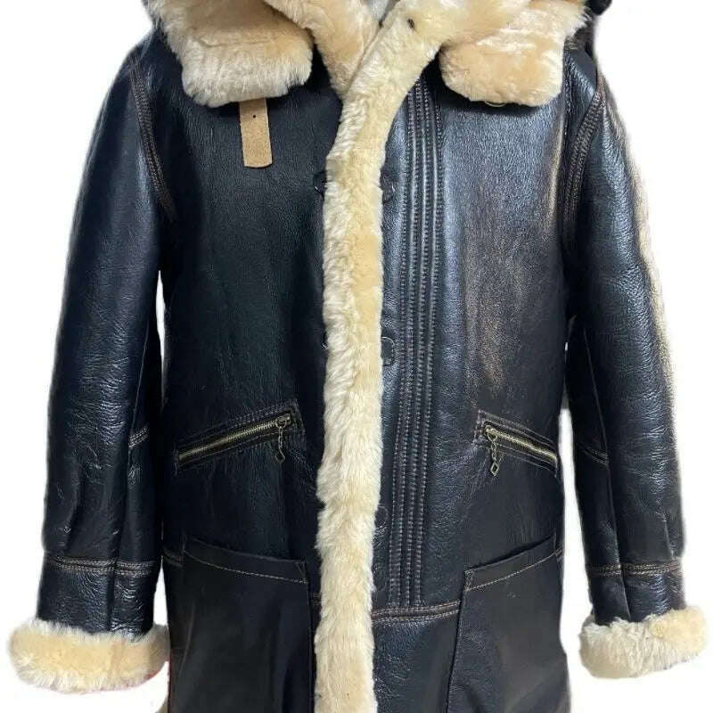 KIMLUD, Winter Men Original Fur Coat Mid-length Thickened Sheepskin Leather Coat Bomber Hooded Wool Lining Warm Snow Men's Clothing, black / S, KIMLUD APPAREL - Womens Clothes