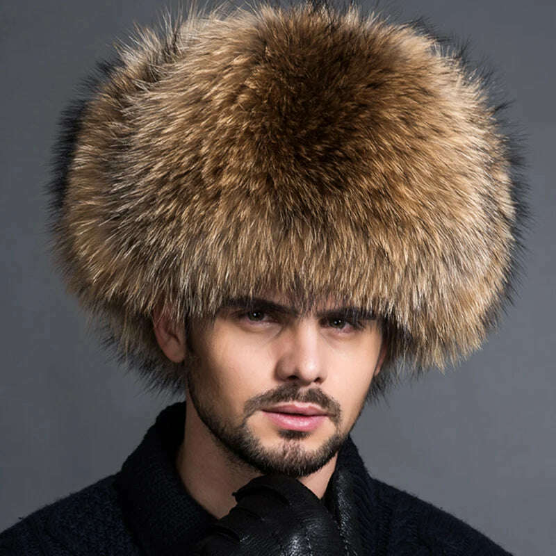 KIMLUD, Winter Men's 100% Real Silver Fox Fur Aviator Bomber Hat Raccoon Fur Ushanka Cap Trapper Russian Man Ski Hats Caps Real Leather, KIMLUD Womens Clothes