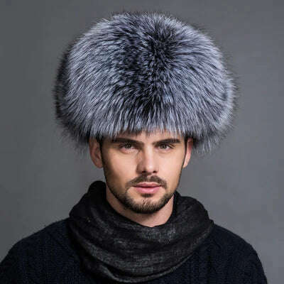 KIMLUD, Winter Men's 100% Real Silver Fox Fur Aviator Bomber Hat Raccoon Fur Ushanka Cap Trapper Russian Man Ski Hats Caps Real Leather, silver fox / 54-56cm, KIMLUD APPAREL - Womens Clothes