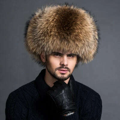 KIMLUD, Winter Men's 100% Real Silver Fox Fur Aviator Bomber Hat Raccoon Fur Ushanka Cap Trapper Russian Man Ski Hats Caps Real Leather, raccoon fur / 54-56cm, KIMLUD APPAREL - Womens Clothes