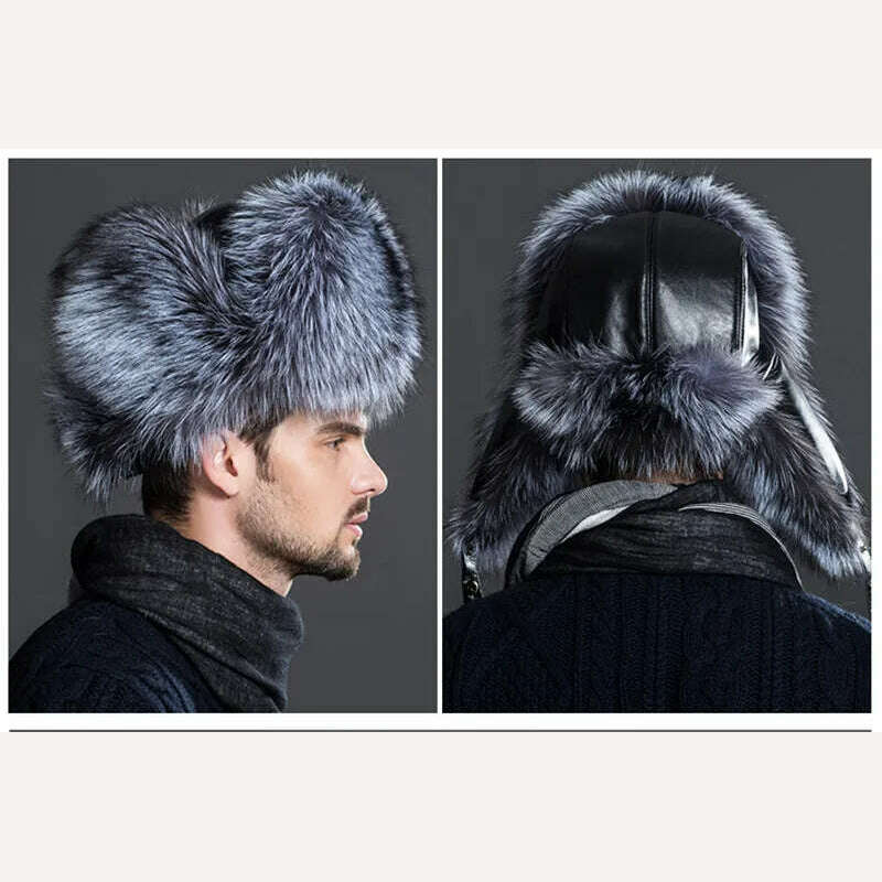 KIMLUD, Winter Men's 100% Real Silver Fox Fur Aviator Bomber Hat Raccoon Fur Ushanka Cap Trapper Russian Man Ski Hats Caps Real Leather, KIMLUD Womens Clothes