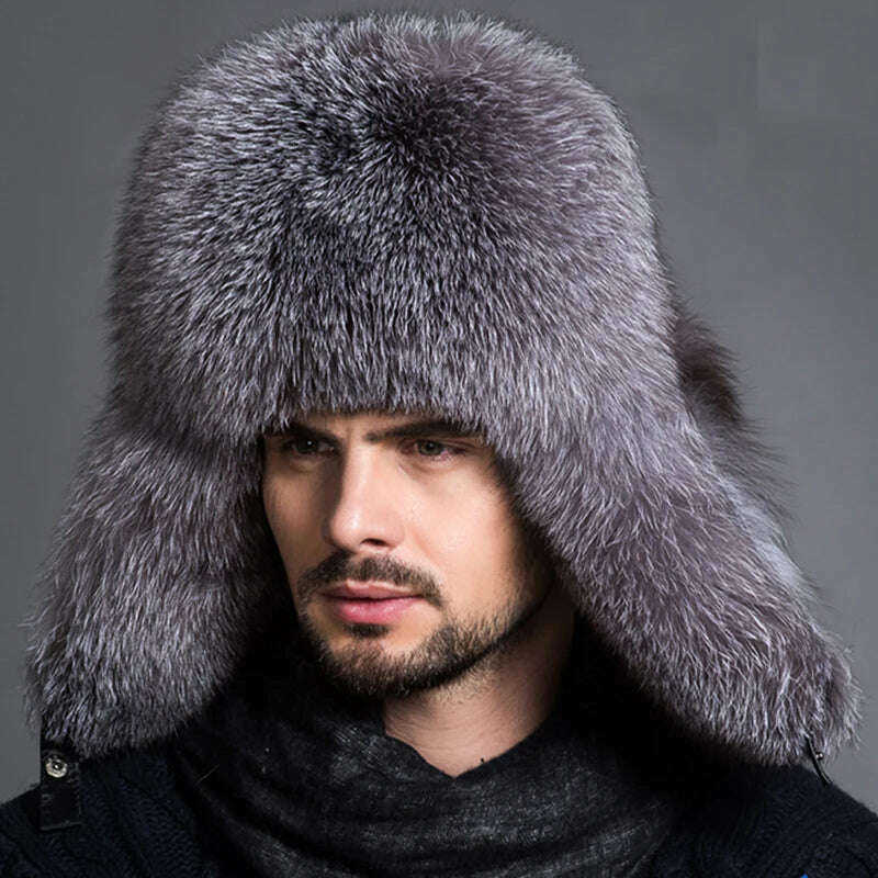 KIMLUD, Winter Men's 100% Real Silver Fox Fur Aviator Bomber Hat Raccoon Fur Ushanka Cap Trapper Russian Man Ski Hats Caps Real Leather, KIMLUD Womens Clothes