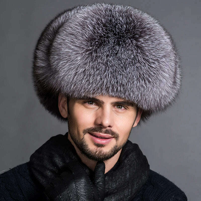 KIMLUD, Winter Men's 100% Real Silver Fox Fur Aviator Bomber Hat Raccoon Fur Ushanka Cap Trapper Russian Man Ski Hats Caps Real Leather, KIMLUD Womens Clothes