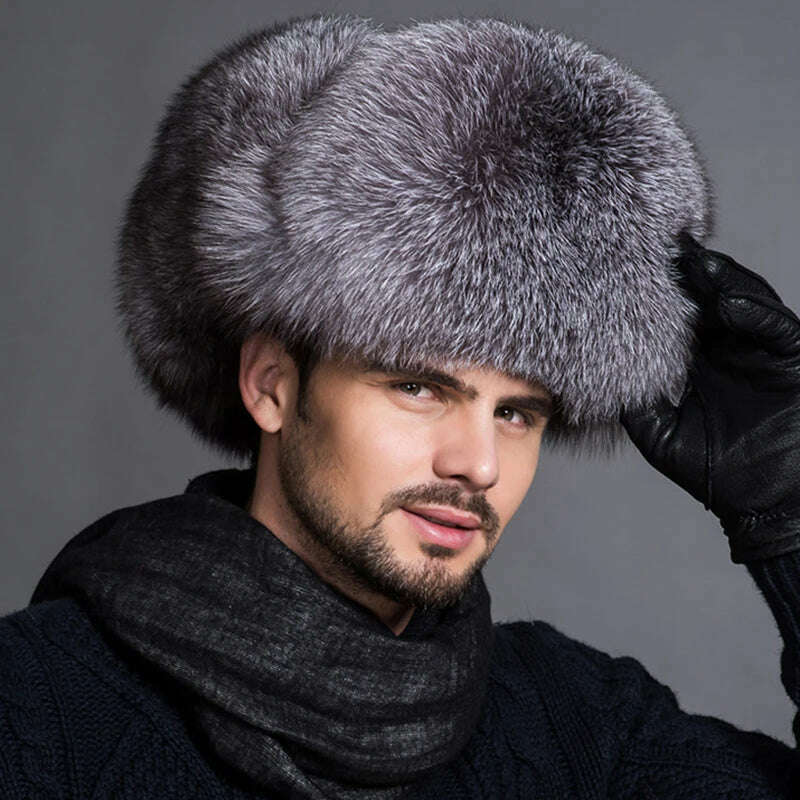 KIMLUD, Winter Men's 100% Real Silver Fox Fur Aviator Bomber Hat Raccoon Fur Ushanka Cap Trapper Russian Man Ski Hats Caps Real Leather, KIMLUD Womens Clothes