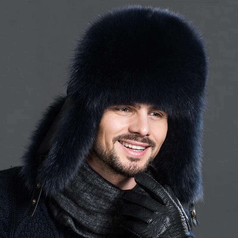 KIMLUD, Winter Men's 100% Real Silver Fox Fur Aviator Bomber Hat Raccoon Fur Ushanka Cap Trapper Russian Man Ski Hats Caps Real Leather, KIMLUD Womens Clothes