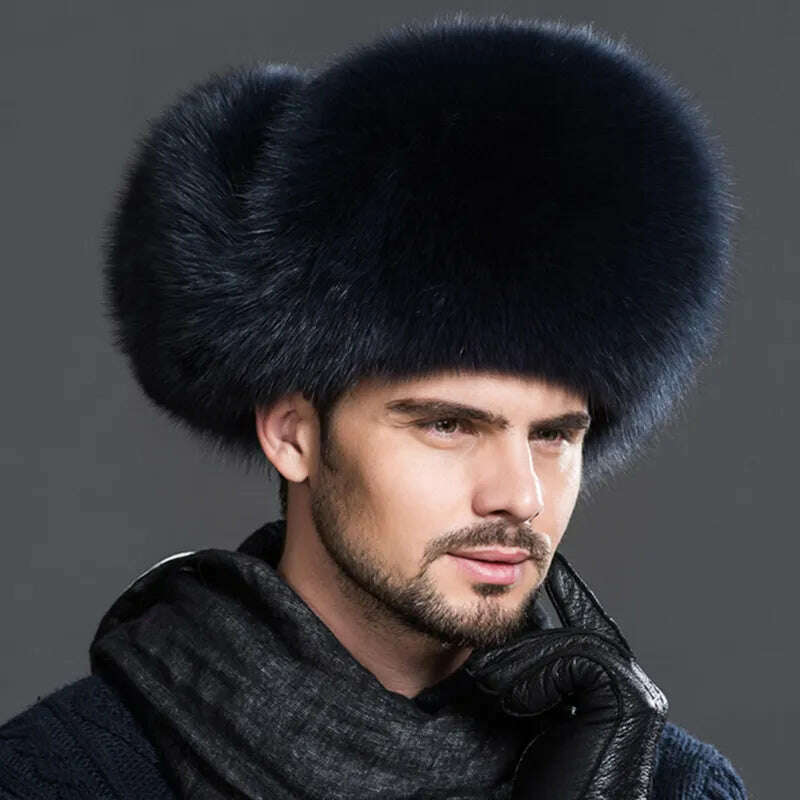 KIMLUD, Winter Men's 100% Real Silver Fox Fur Aviator Bomber Hat Raccoon Fur Ushanka Cap Trapper Russian Man Ski Hats Caps Real Leather, KIMLUD Womens Clothes