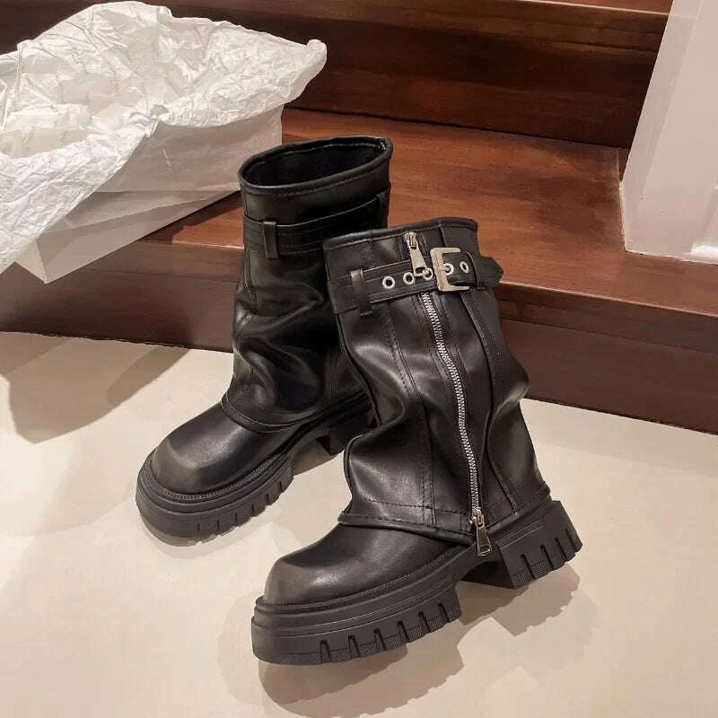 Winter New Women's High Boots Side Zippers Long Pipe Botas Ladies Elegant Platform Buckle Strap Shoes Thick Bottom Knigh Booties - KIMLUD