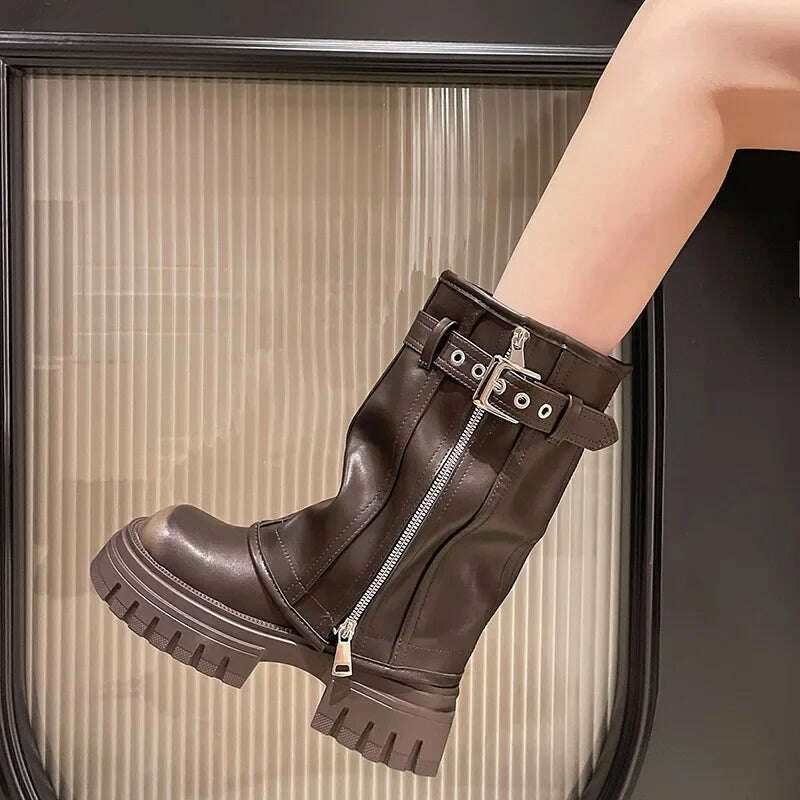 Winter New Women's High Boots Side Zippers Long Pipe Botas Ladies Elegant Platform Buckle Strap Shoes Thick Bottom Knigh Booties - KIMLUD