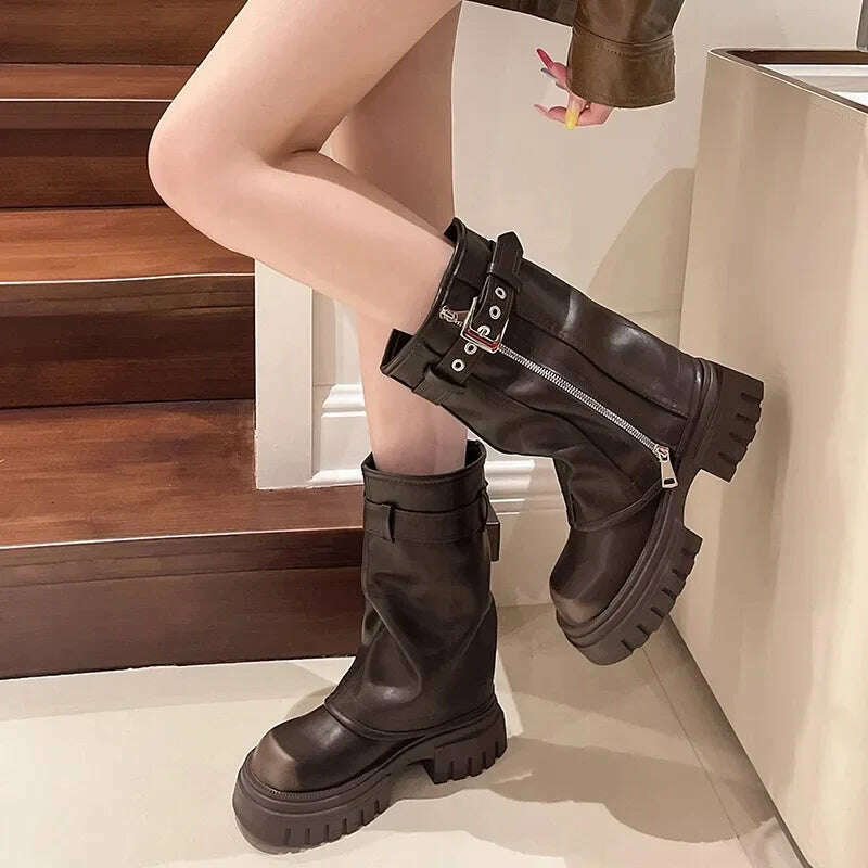 Winter New Women's High Boots Side Zippers Long Pipe Botas Ladies Elegant Platform Buckle Strap Shoes Thick Bottom Knigh Booties - KIMLUD