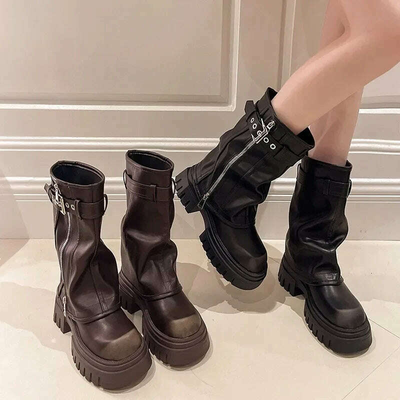 KIMLUD, Winter New Women's High Boots Side Zippers Long Pipe Botas Ladies Elegant Platform Buckle Strap Shoes Thick Bottom Knigh Booties, KIMLUD Womens Clothes