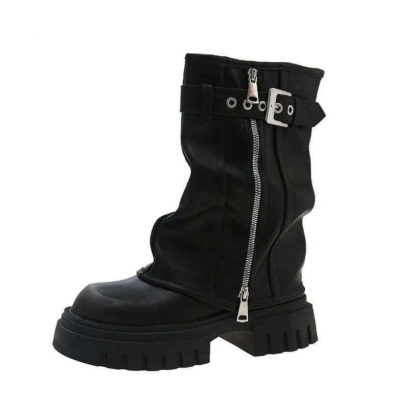 KIMLUD, Winter New Women's High Boots Side Zippers Long Pipe Botas Ladies Elegant Platform Buckle Strap Shoes Thick Bottom Knigh Booties, black / 35, KIMLUD APPAREL - Womens Clothes