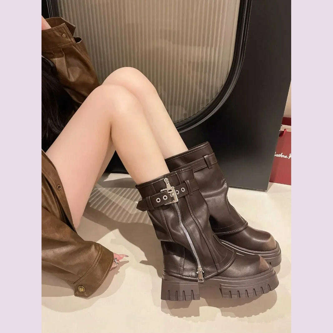 Winter New Women's High Boots Side Zippers Long Pipe Botas Ladies Elegant Platform Buckle Strap Shoes Thick Bottom Knigh Booties - KIMLUD