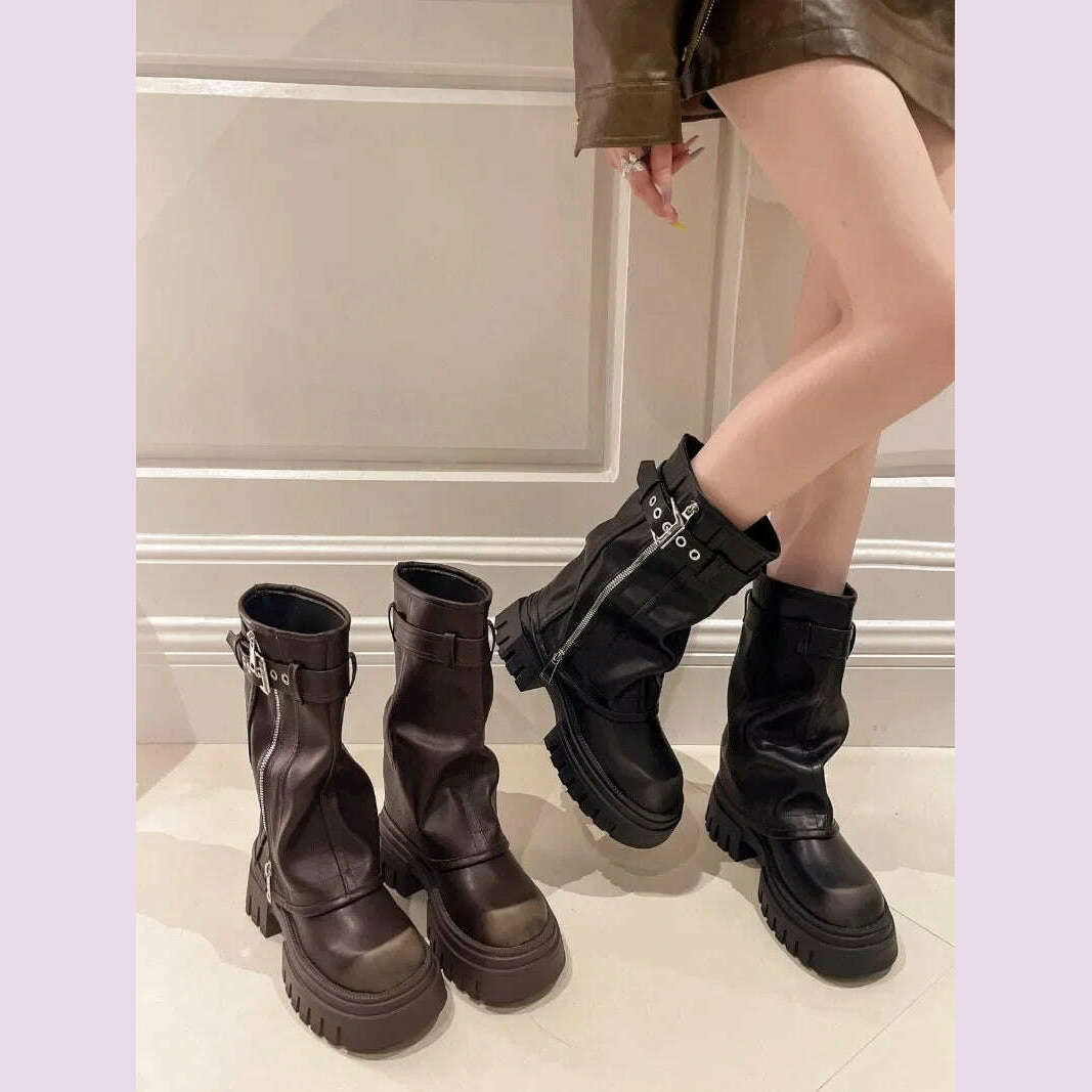 Winter New Women's High Boots Side Zippers Long Pipe Botas Ladies Elegant Platform Buckle Strap Shoes Thick Bottom Knigh Booties - KIMLUD