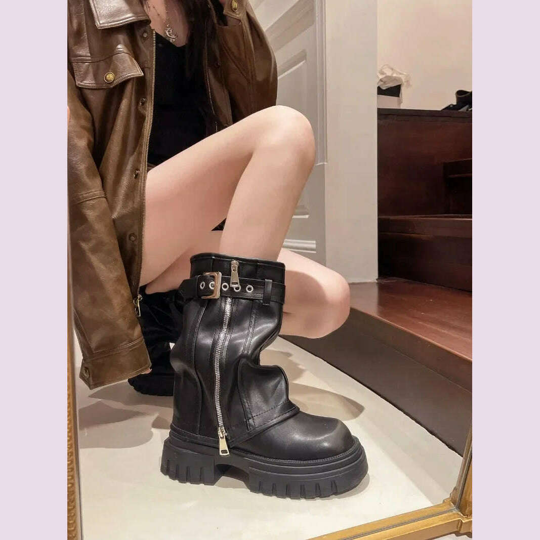 Winter New Women's High Boots Side Zippers Long Pipe Botas Ladies Elegant Platform Buckle Strap Shoes Thick Bottom Knigh Booties - KIMLUD