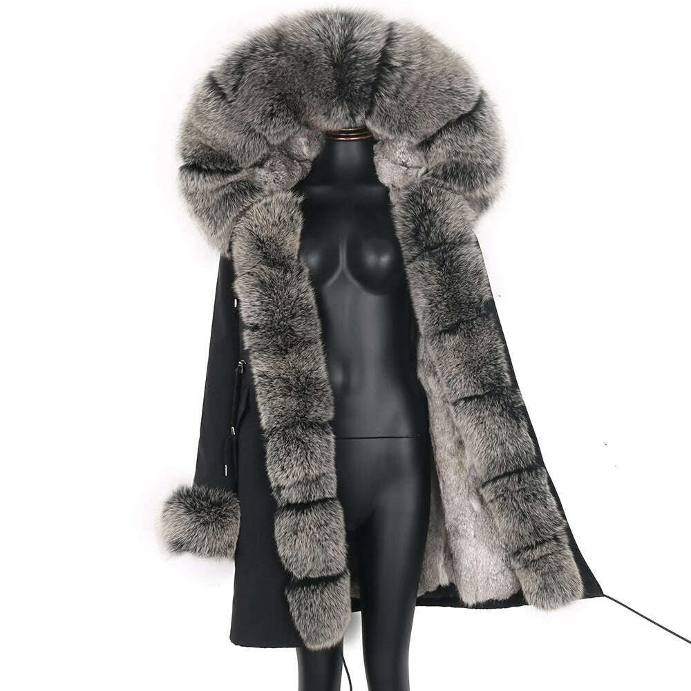 Winter Real Rabbit Fur Coat Women Long Jacket Waterproof Parkas Rex Rabbit Liner Removable Raccoon Fur Collar Hooded Outwear - KIMLUD